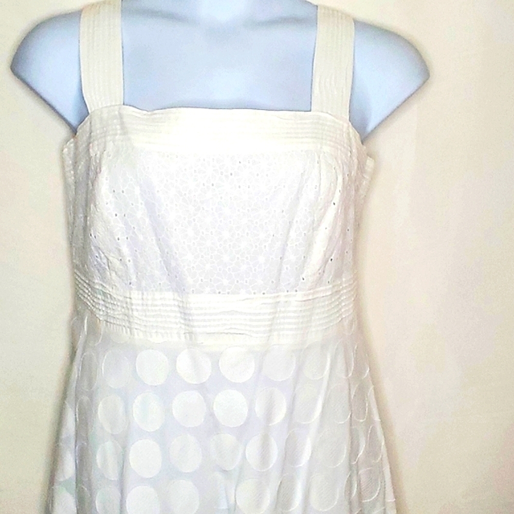 Eyelet Fit Flare White Midi Dress 14W Cotton Smocked Graduation Square Neck - Picture 4 of 15